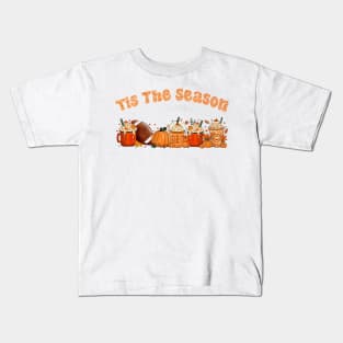 Tis The Season Latte Pumpkin Spice Leaf Football Fall Thanksgiving Kids T-Shirt